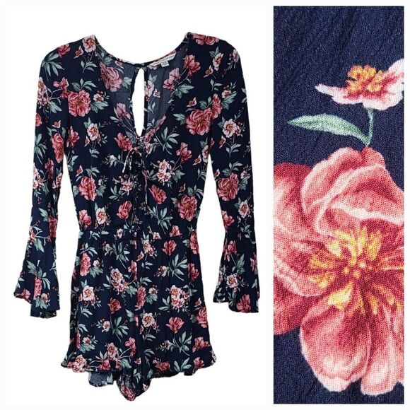 American Eagle Blue Floral Romper Long Bell Sleeve Boho Rose Crepe Cinch V-Neck - Picture 1 of 13
